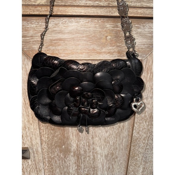 Brighton Black Floral Leather Applique Shoulder Bag Silver Chain Heart Charm - Picture 2 of 13